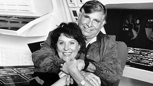 Gene and Majel Roddenberry on a Star Trek set