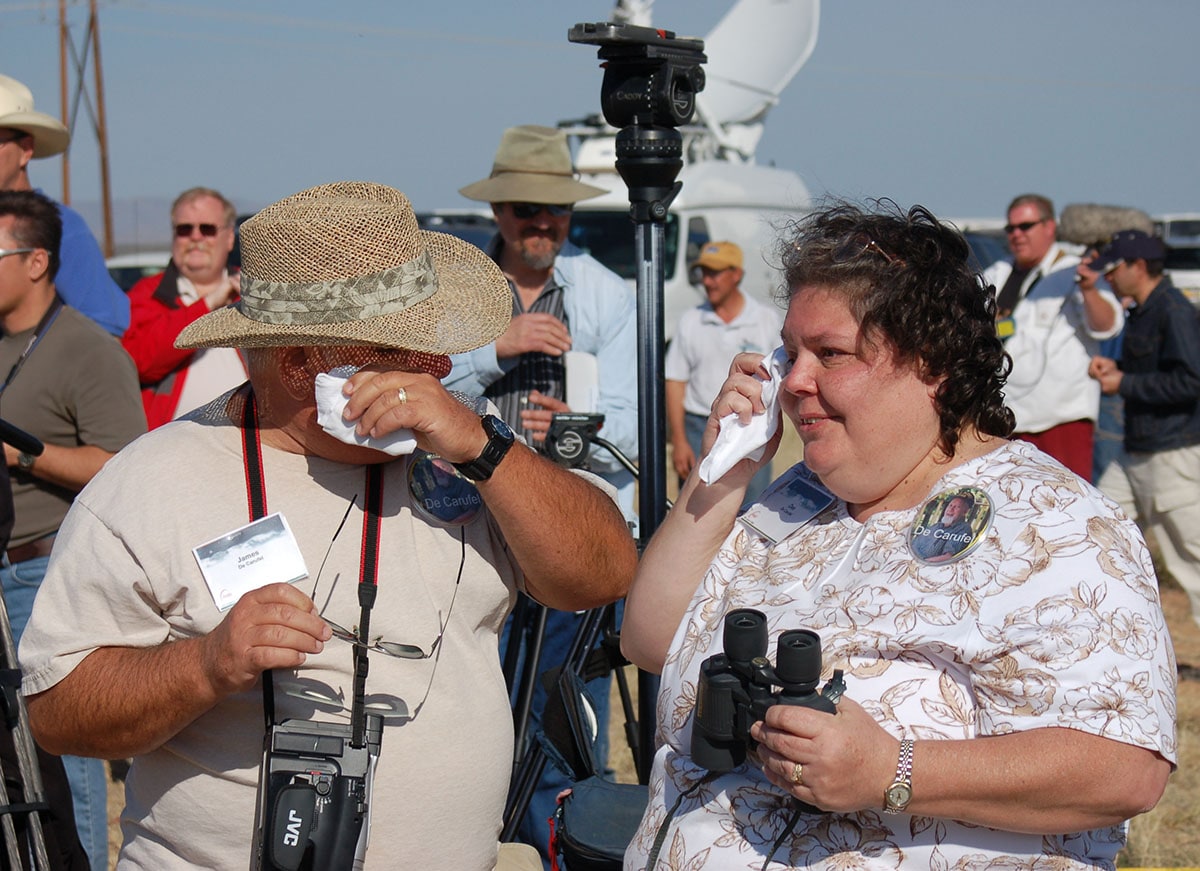 Tears of joy shortly after the launch of their loved one into space