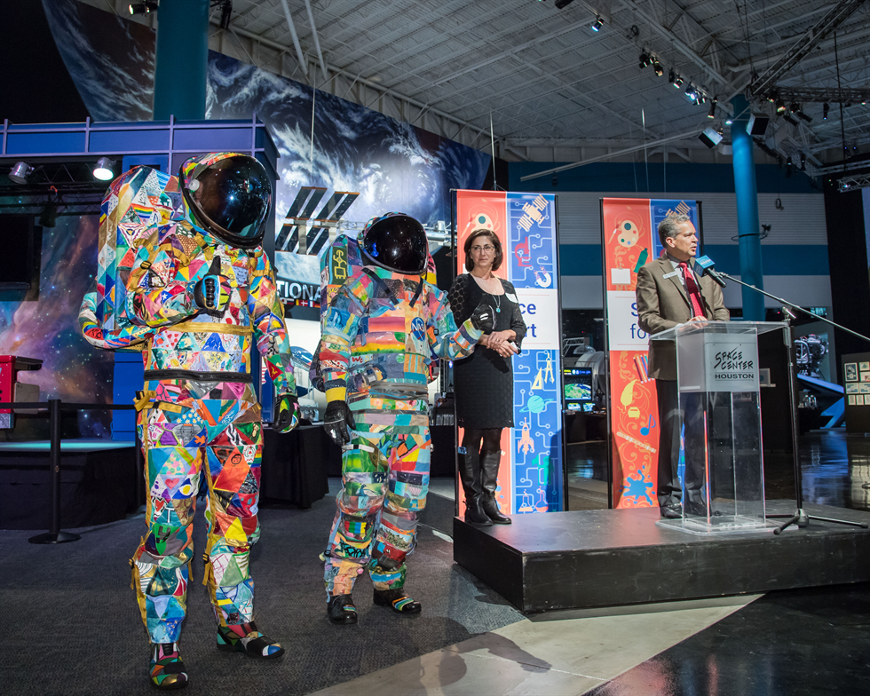 Retired astronaut Nicole Stott and Space Center Houston president William T. Harris speak at Space Center Houston March 14, 2017 about the "Space for Art" exhibit.