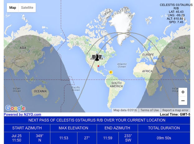 World view of Celestis satellite tracking