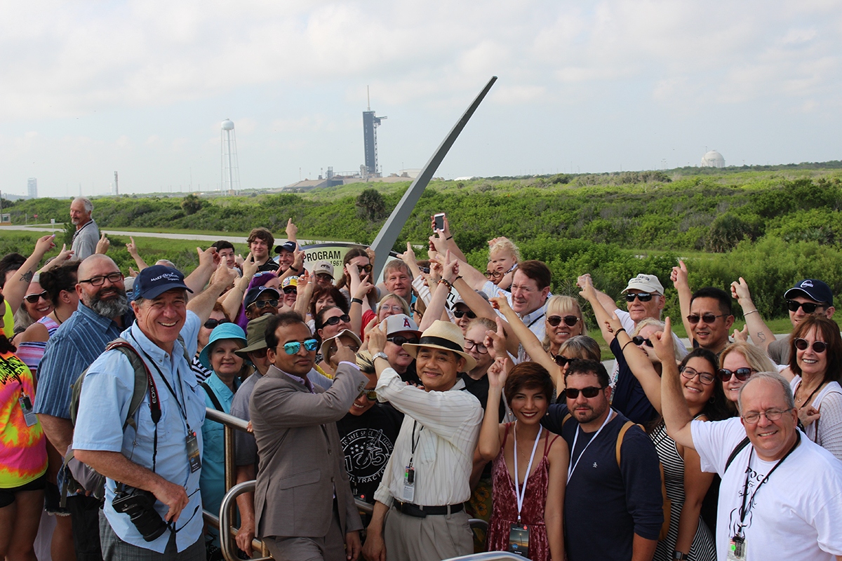 Celestis Heritage Flight families at NASA's Kennedy Space Center point to the launch pad where their loved ones would begin their journey in space.