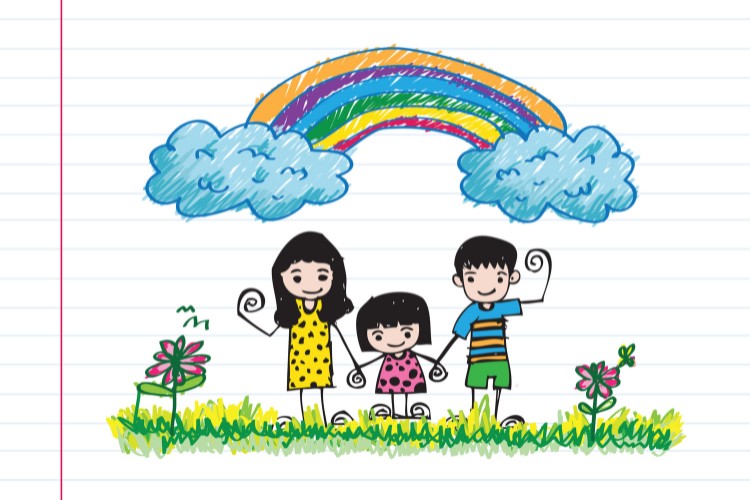 kids drawing of a happy family picture in a notebook