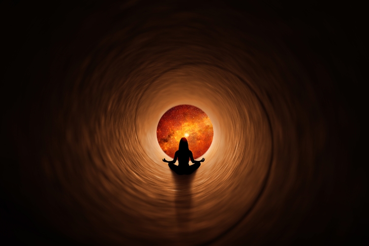 woman inside a tube Infront of the universe
