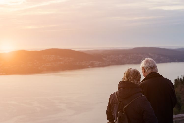 elderly couple watching the sunset