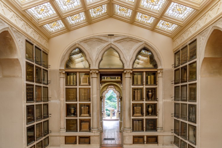 urns at the columbarium of a chapel