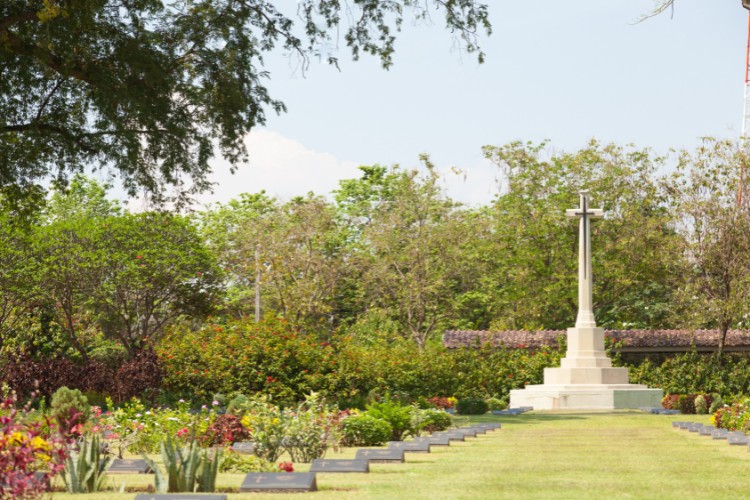 Memorial garden cemetery with headstones and ash scattering garden
