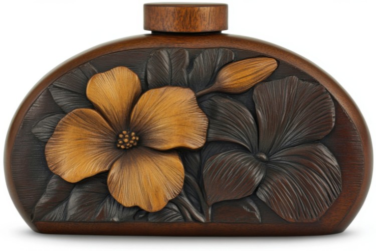 Decorative wooden urn with flower design for temporary ash storage
