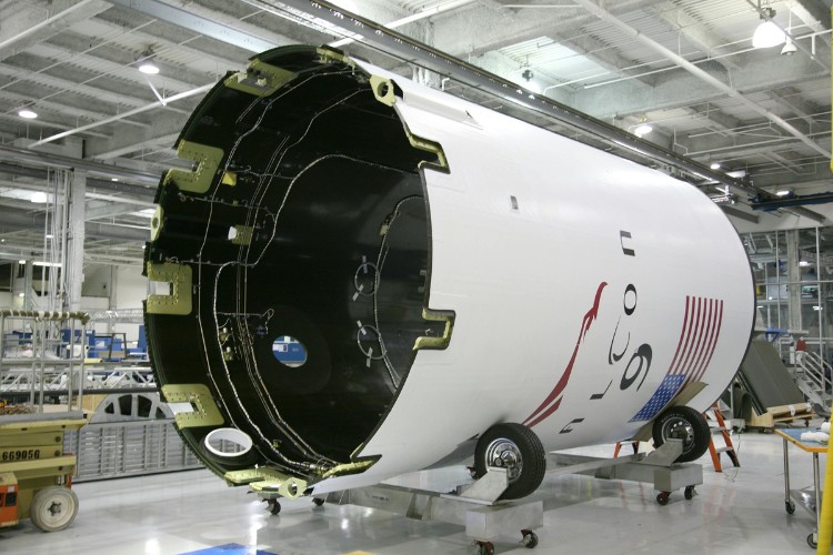 A rocket fuselage inside a leading commercial spaceflight facility