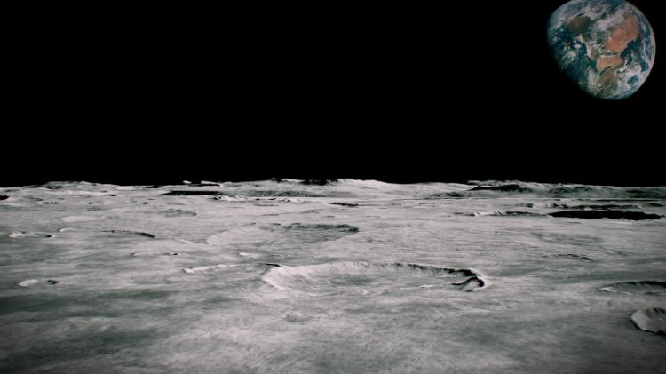 Surface of the Moon landscape and earth in the background