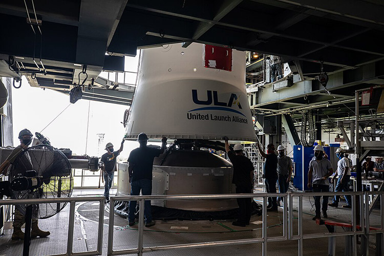 Inside the Vertical Integration Facility near Space Launch Complex 41 at Cape Canaveral Space Force Station in Florida, the United Launch Alliance (ULA) Centaur stage for NASA’s Lucy mission is lowered onto the Atlas V first stage on Sept. 16, 2021