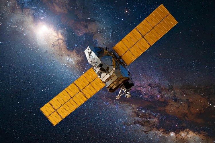 Satellite Orbiting in Space with Galaxy Background