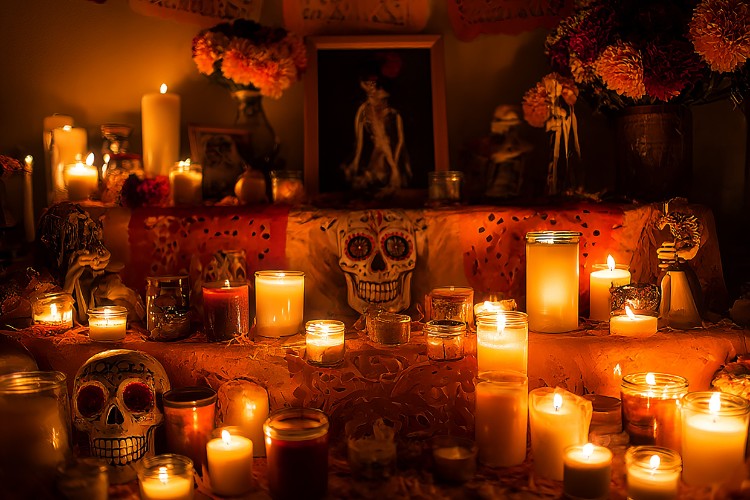 Ancestral altar honoring loved ones through symbolic cultural memorial elements and candles