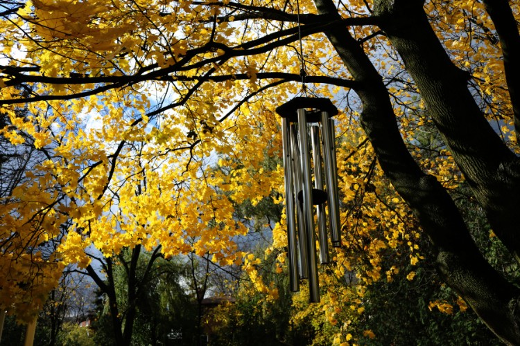 Memorial wind chime hanging from a tree, symbolizing a peaceful keepsake that offers comfort through sound