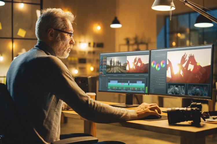 Person working on a computer to build a digital memorial webpage for a grandparent