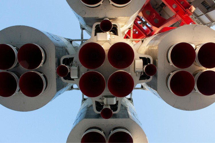 Bottom view of orbital rocket boosters that carry memorial payloads into space